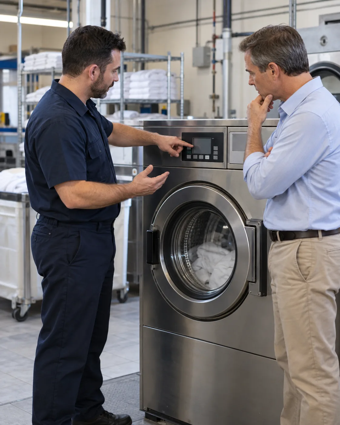 Technician explaining commercial washer diagnostics to a Tampa facility manager