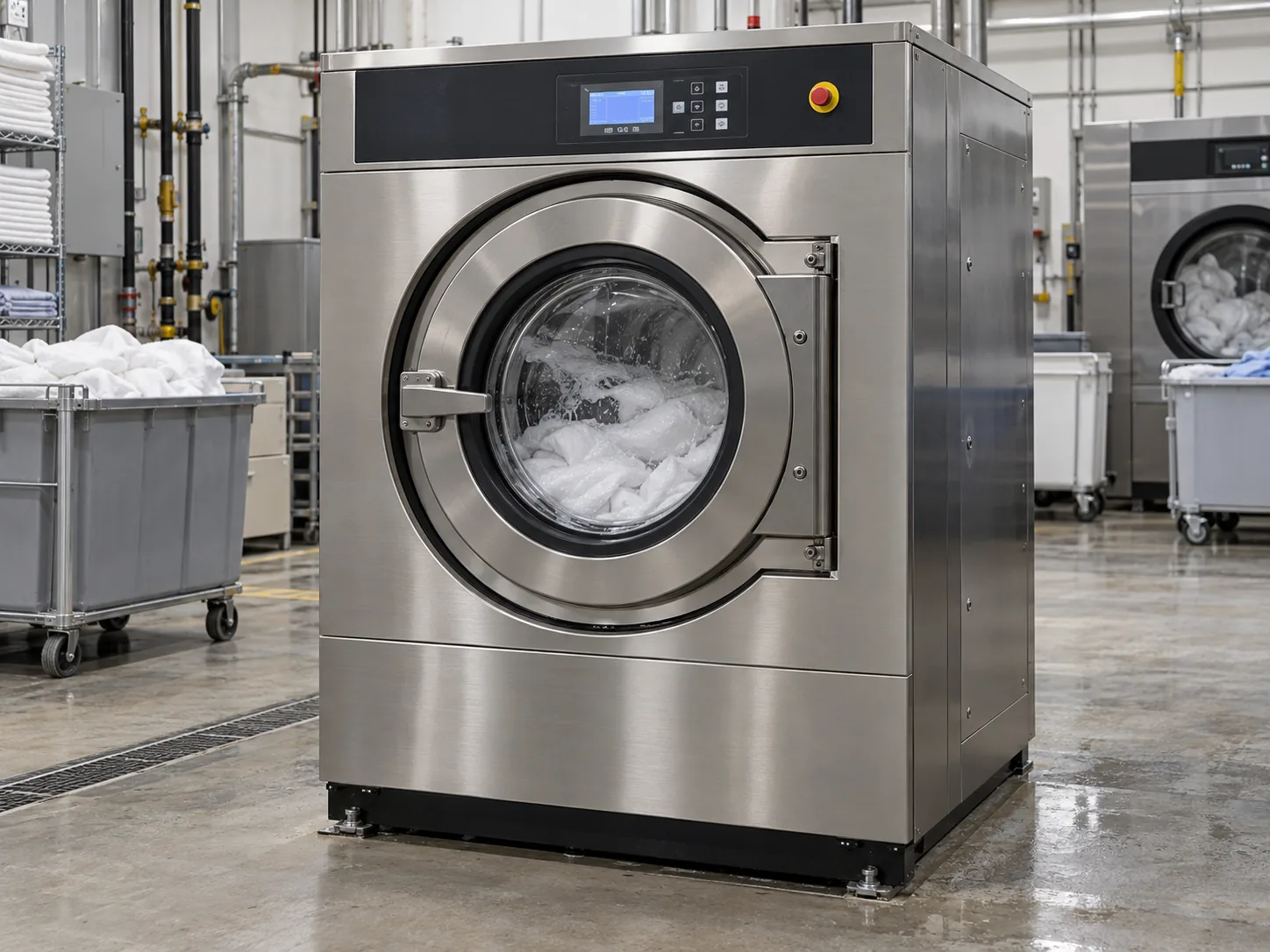 Floor-standing drum industrial laundry machine after service