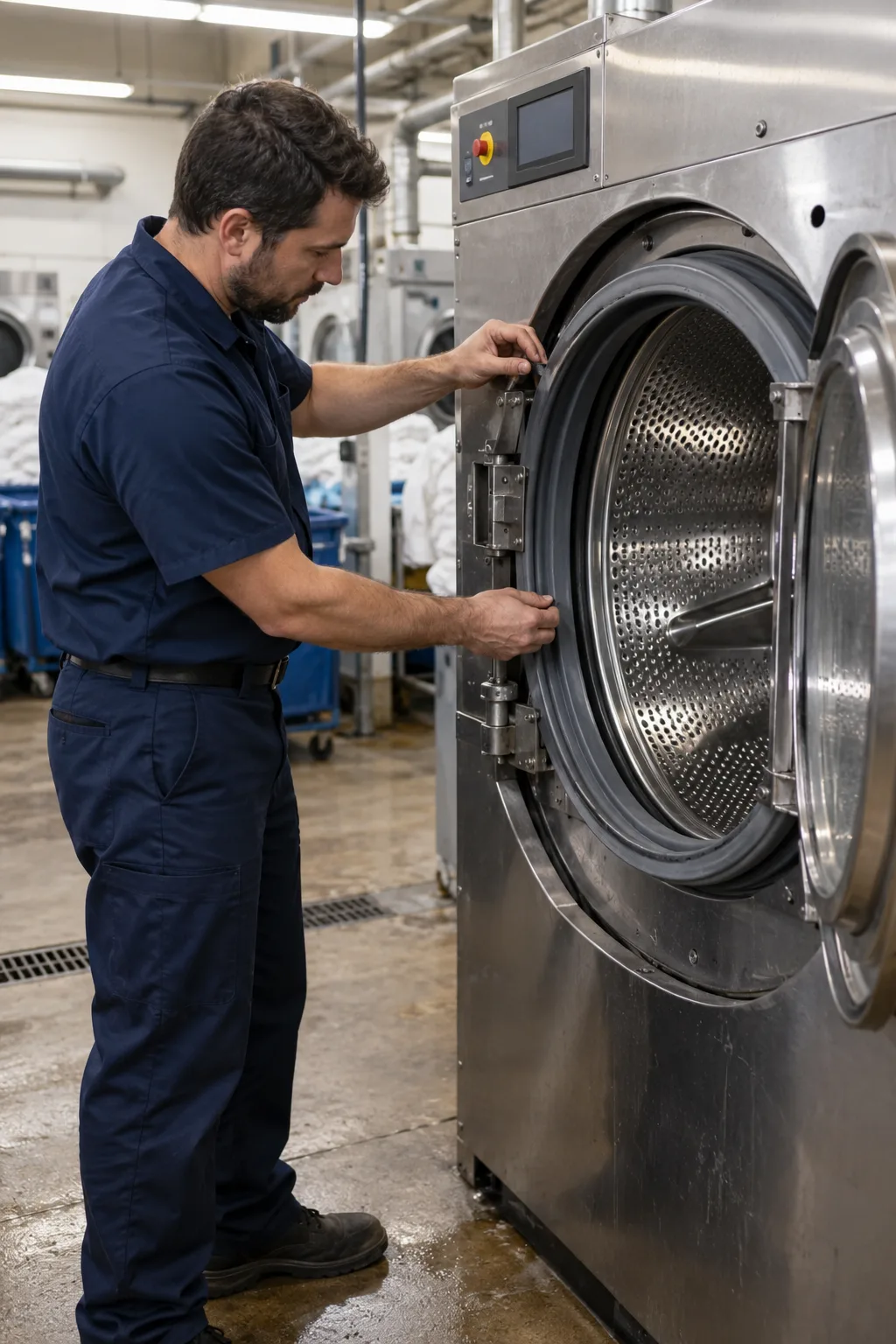 Reliable Appliance Repair technician inspecting an industrial washer-extractor in Atlanta