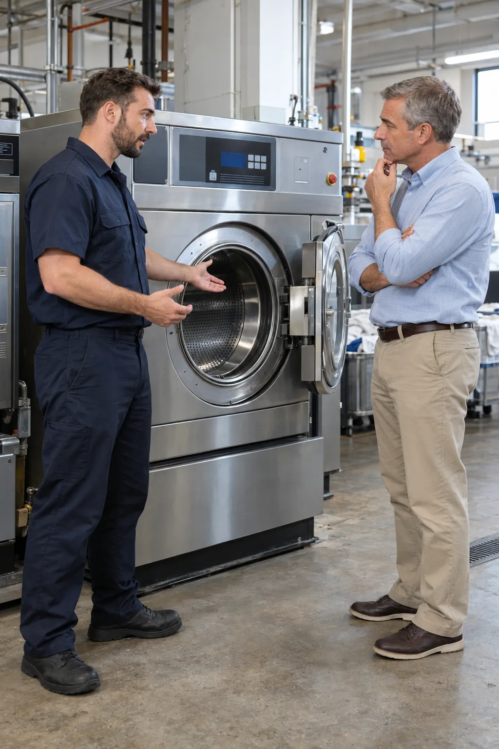 Commercial washer-extractor technician discussing repair with a laundry facility manager in Atlanta