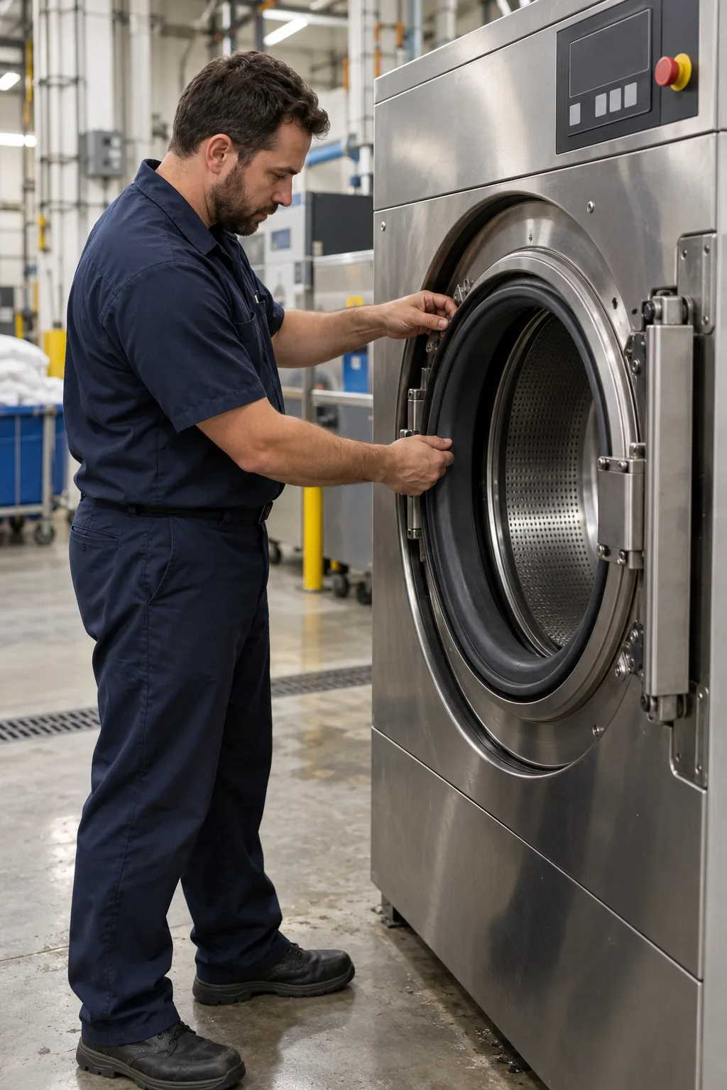 Reliable Appliance Repair technician inspecting an industrial washer-extractor in Tampa