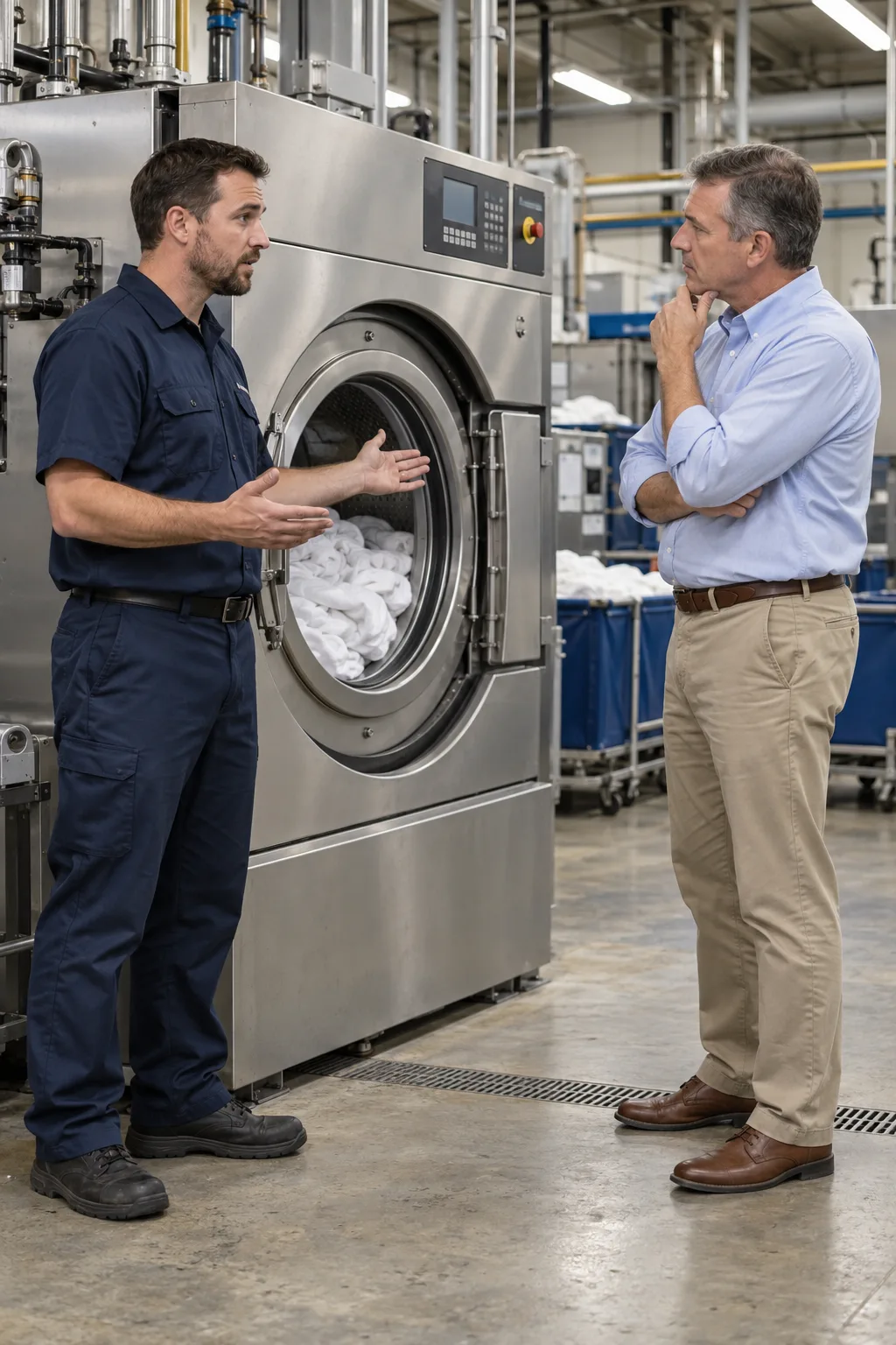 Commercial washer-extractor technician discussing repair with a laundry facility manager in Tampa