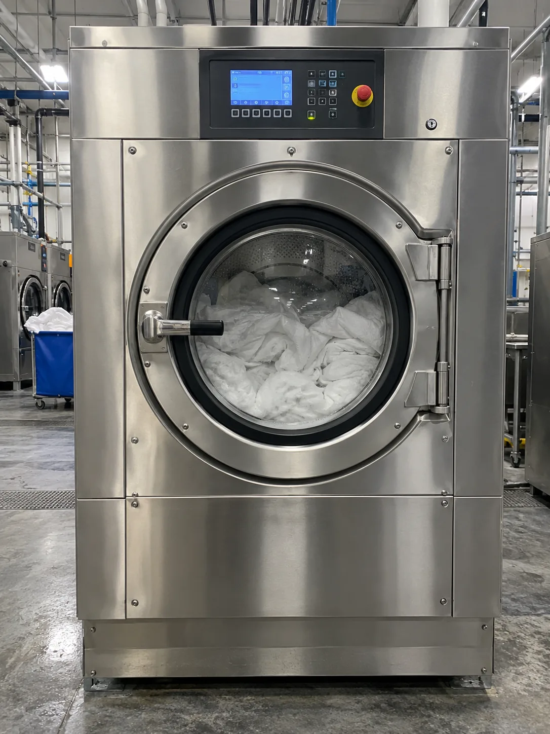 Floor-standing drum industrial laundry machine after service