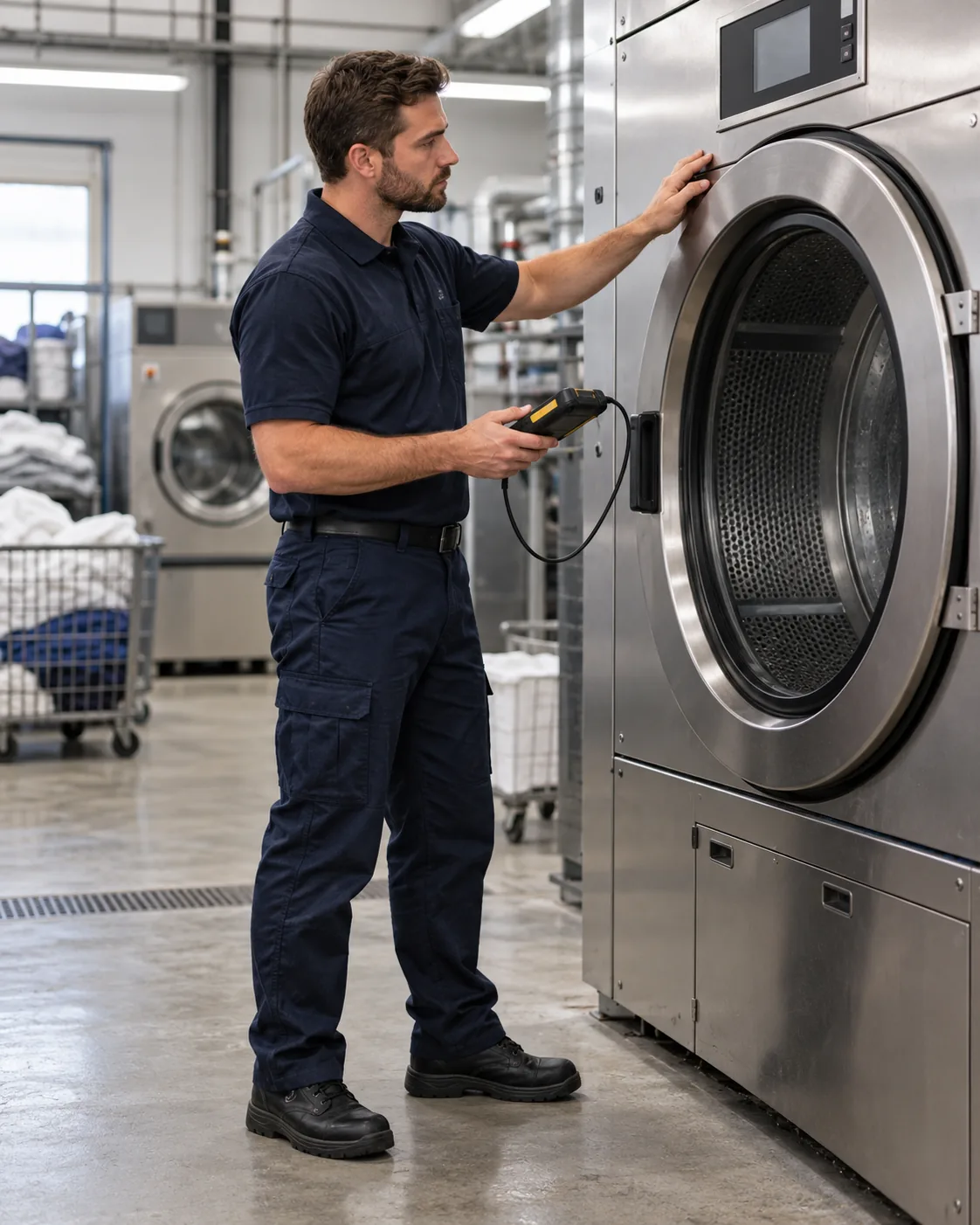 Commercial dryer technician discussing repair with a laundry facility manager in Atlanta
