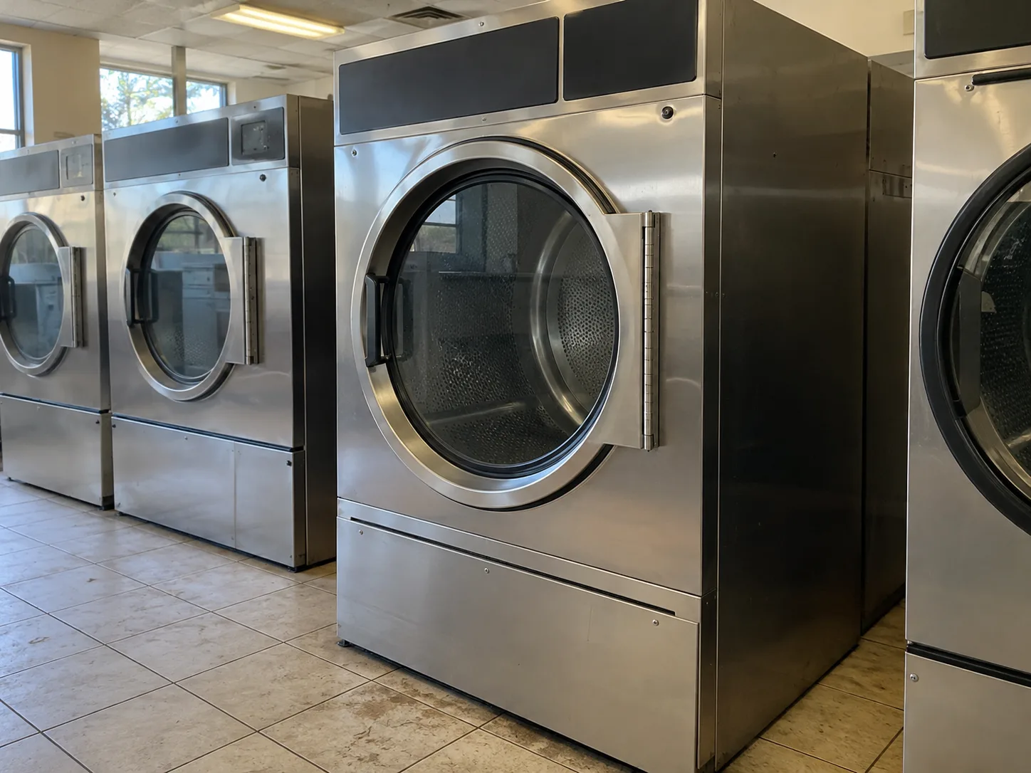 Commercial tumble dryer after heating repair in an Atlanta laundromat