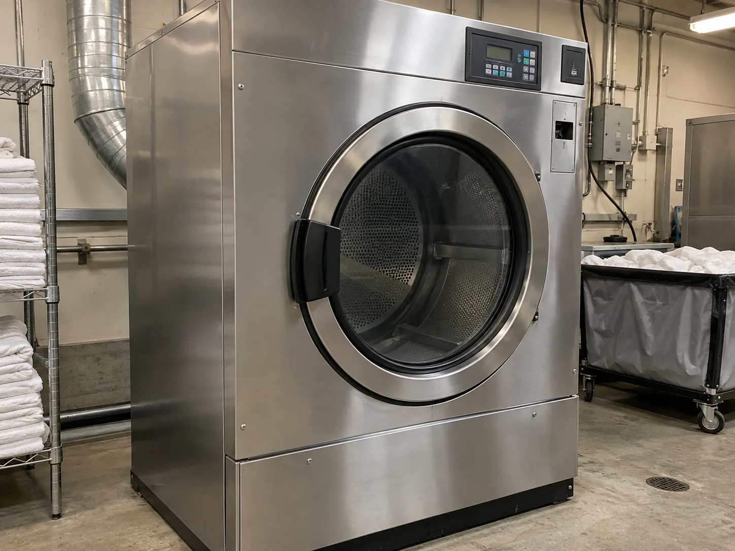 High-capacity commercial dryer after airflow repair in a hotel laundry room