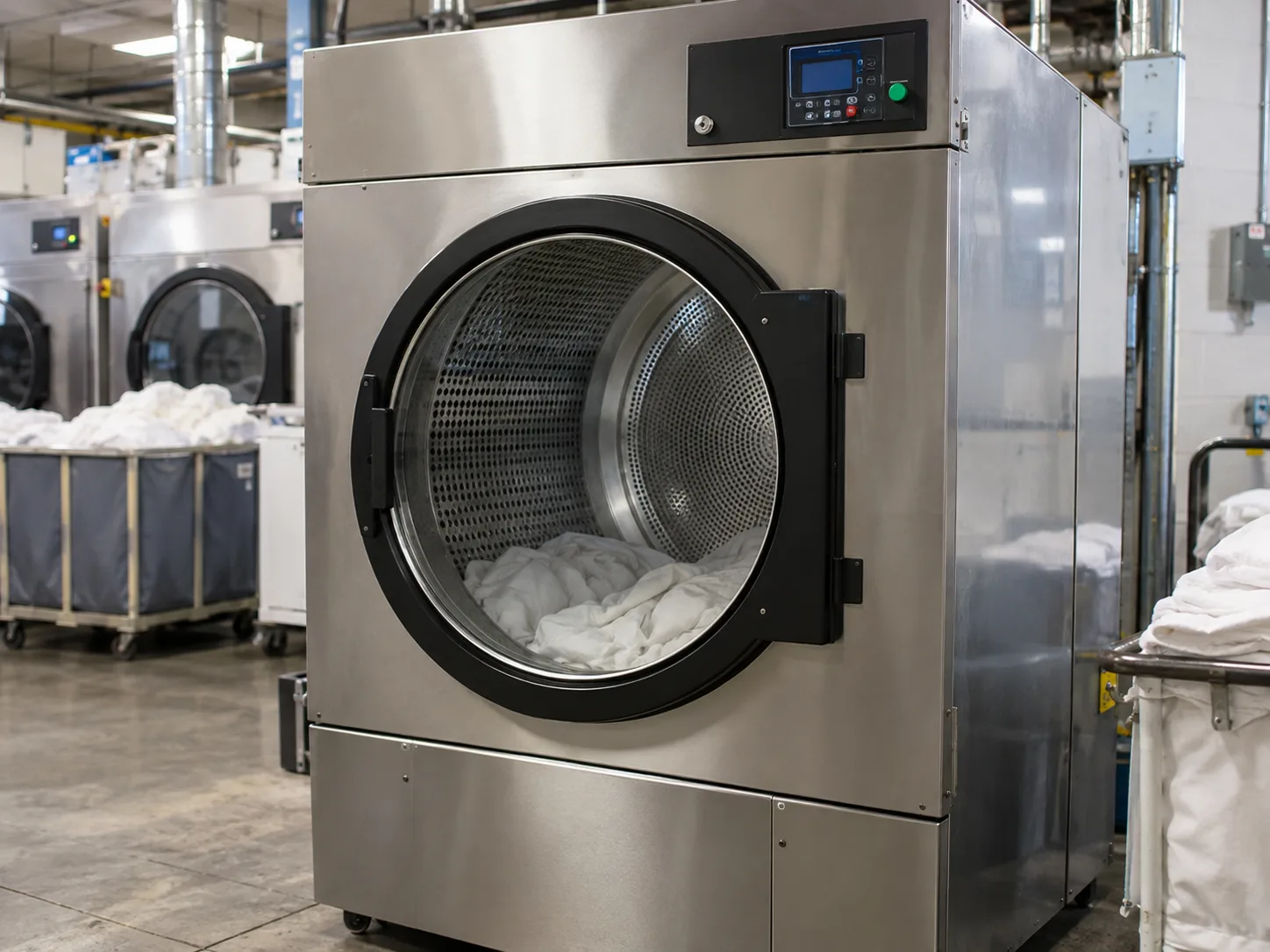 Professional commercial tumble dryer after cycle performance service in a linen facility