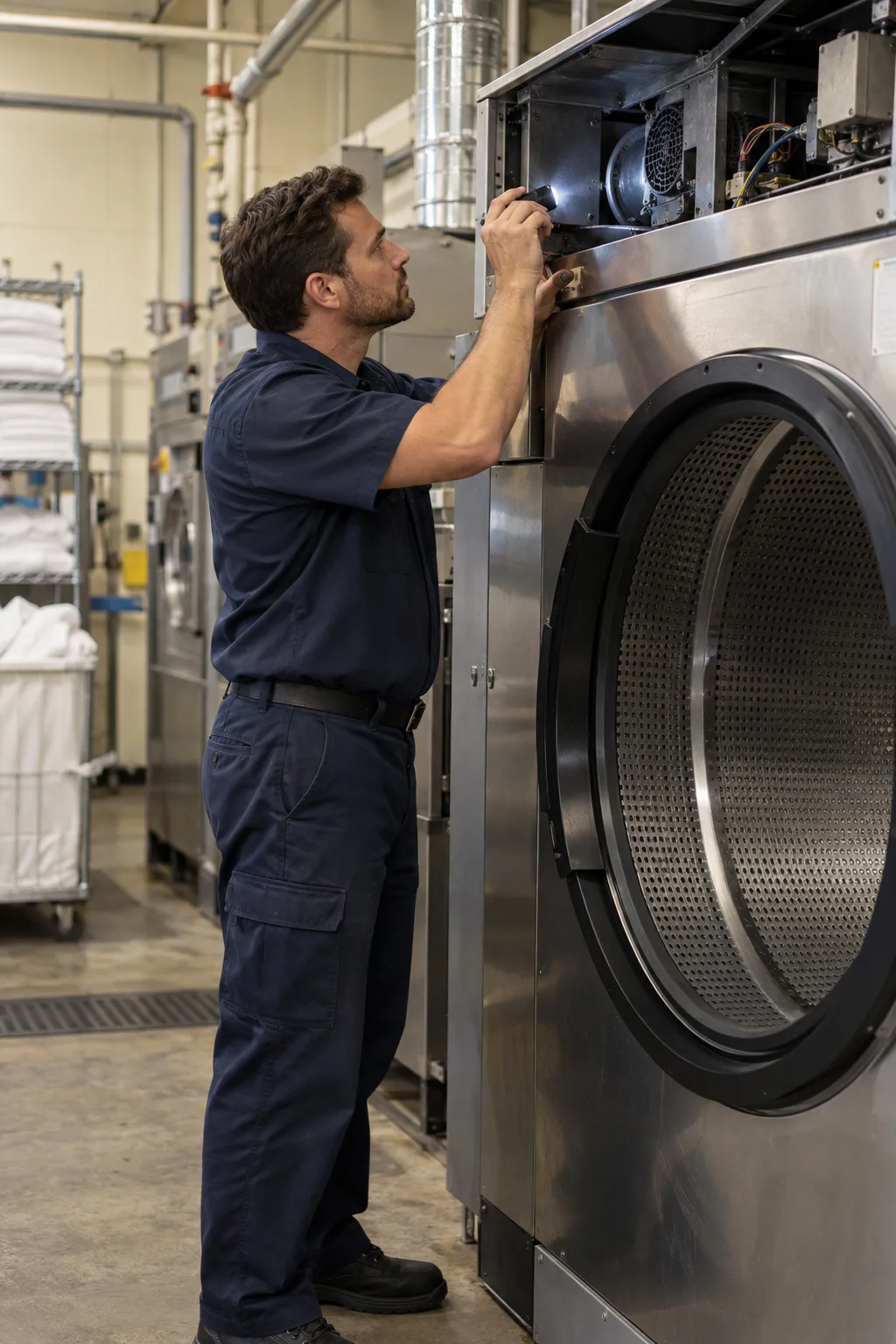 Technician inspecting a commercial tumble dryer in a Tampa Bay laundry facility