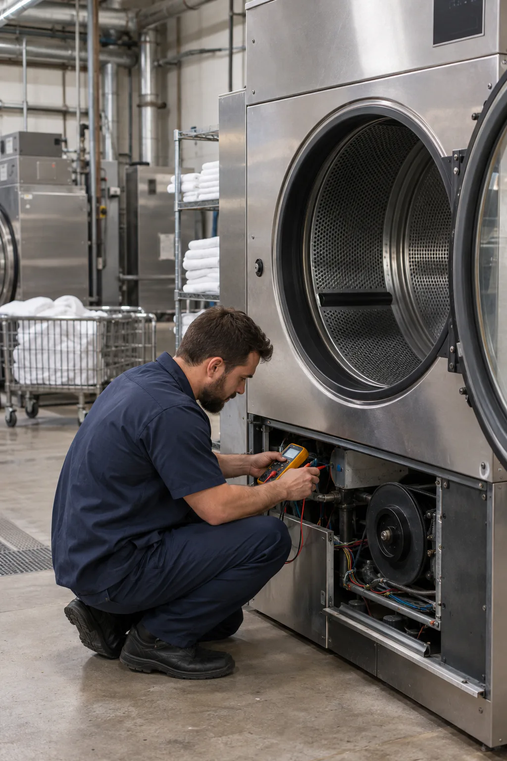Technician inspecting a large commercial tumble dryer in a Tampa Bay laundry facility