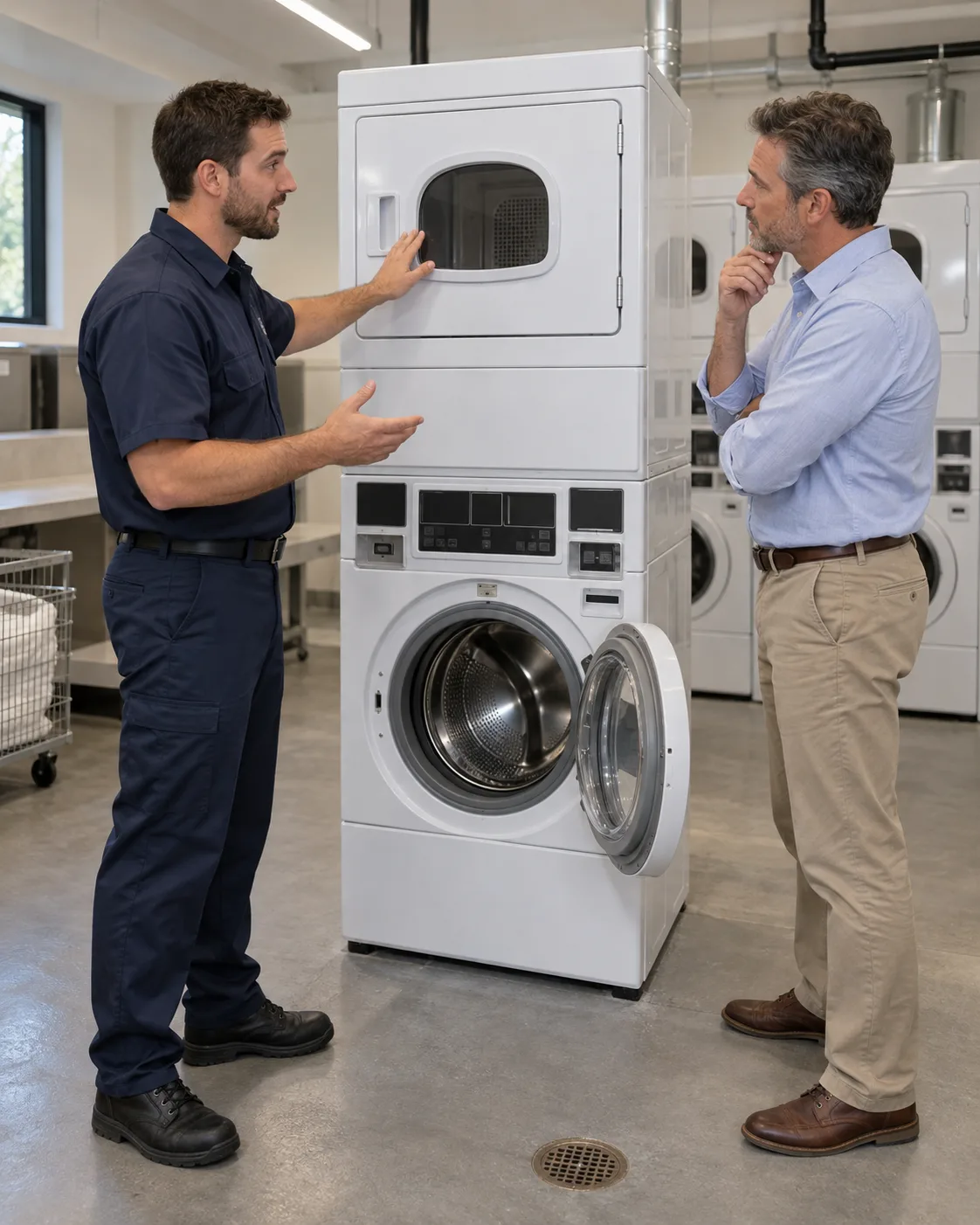 Commercial dryer technician discussing repair with a laundry facility manager in Atlanta