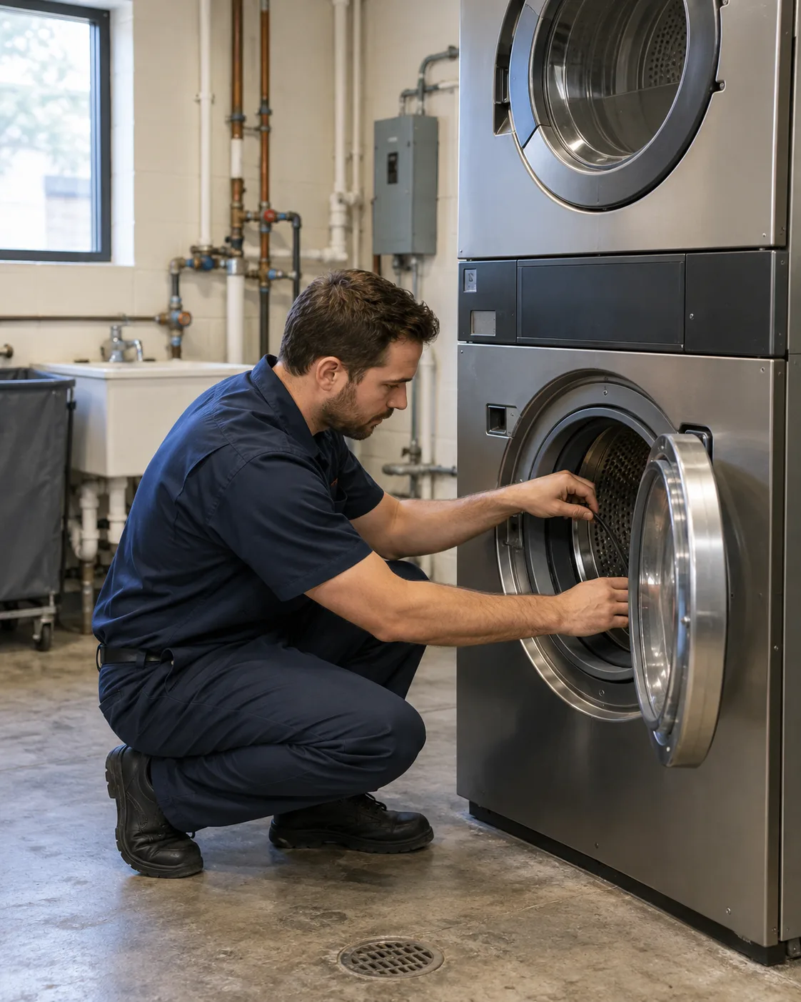 Reliable Appliance Repair technician inspecting an industrial dryer in Atlanta