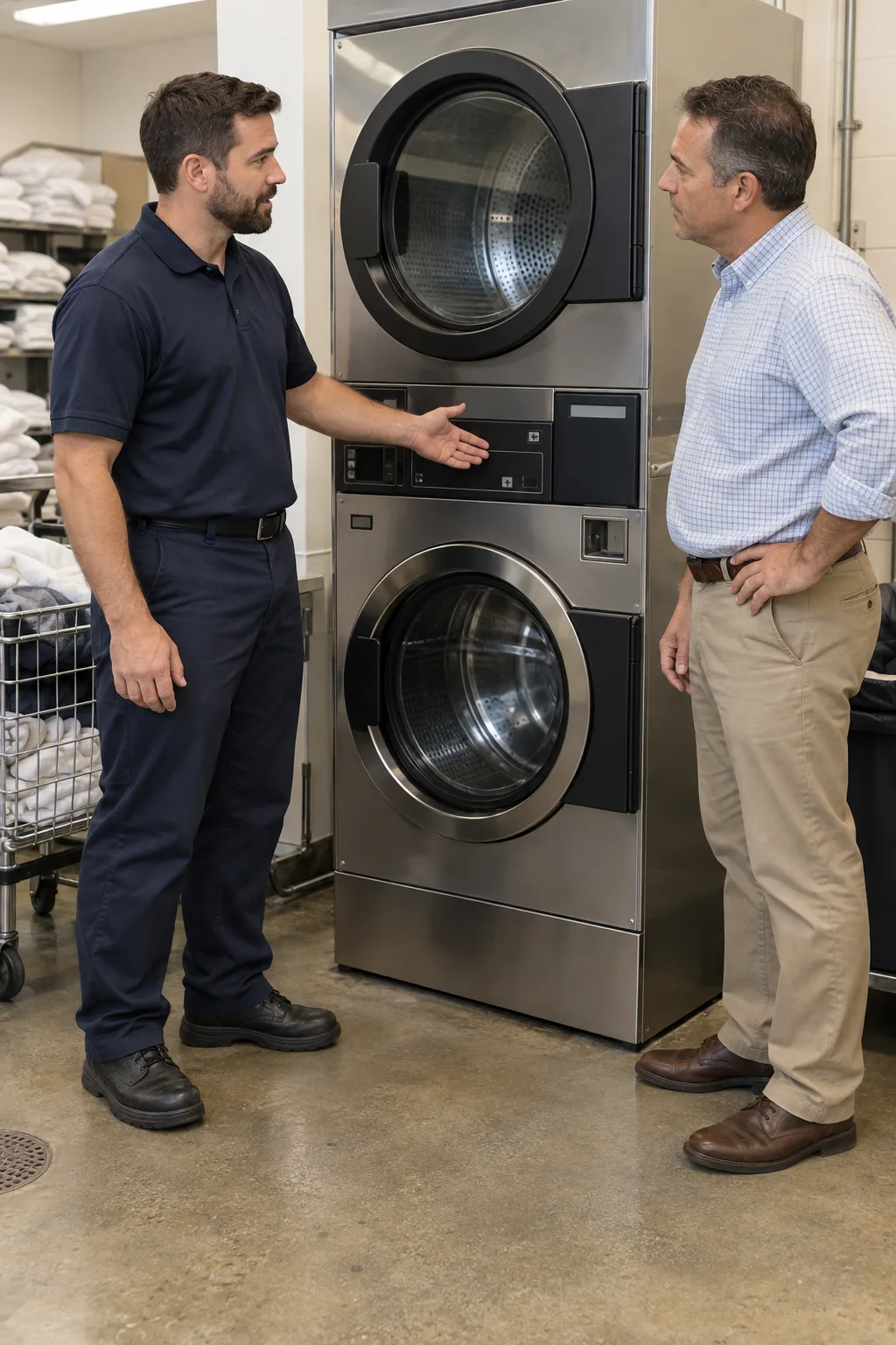 Commercial dryer technician discussing repair with a laundry facility manager in Tampa