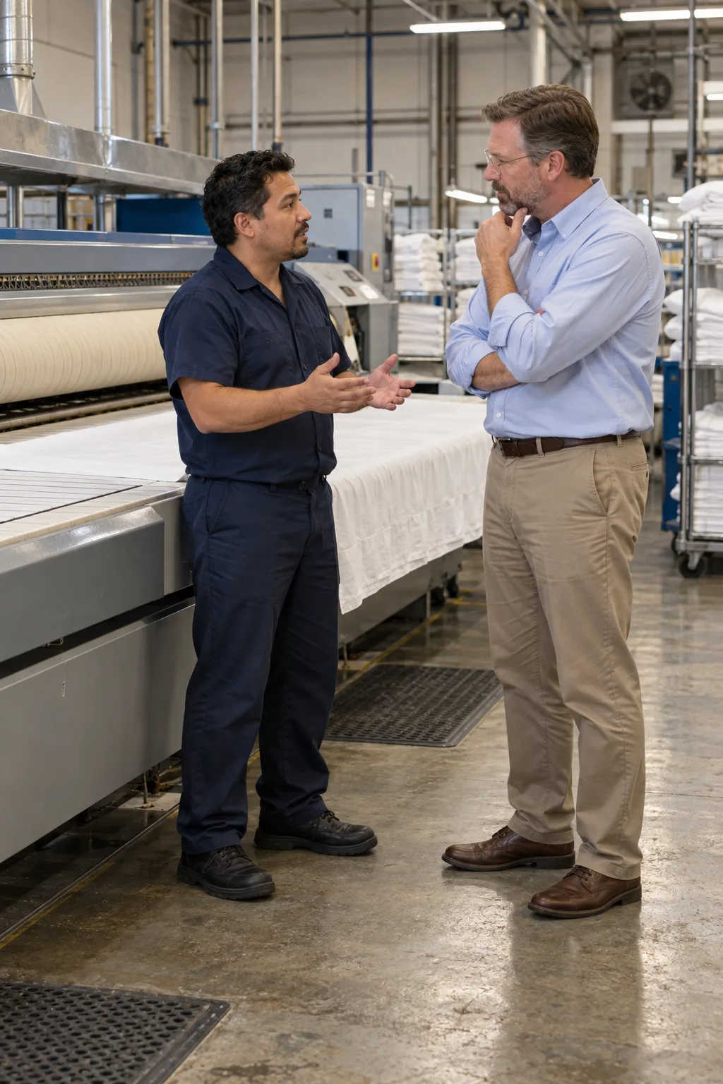 Commercial dryer technician discussing repair with a laundry facility manager in Atlanta