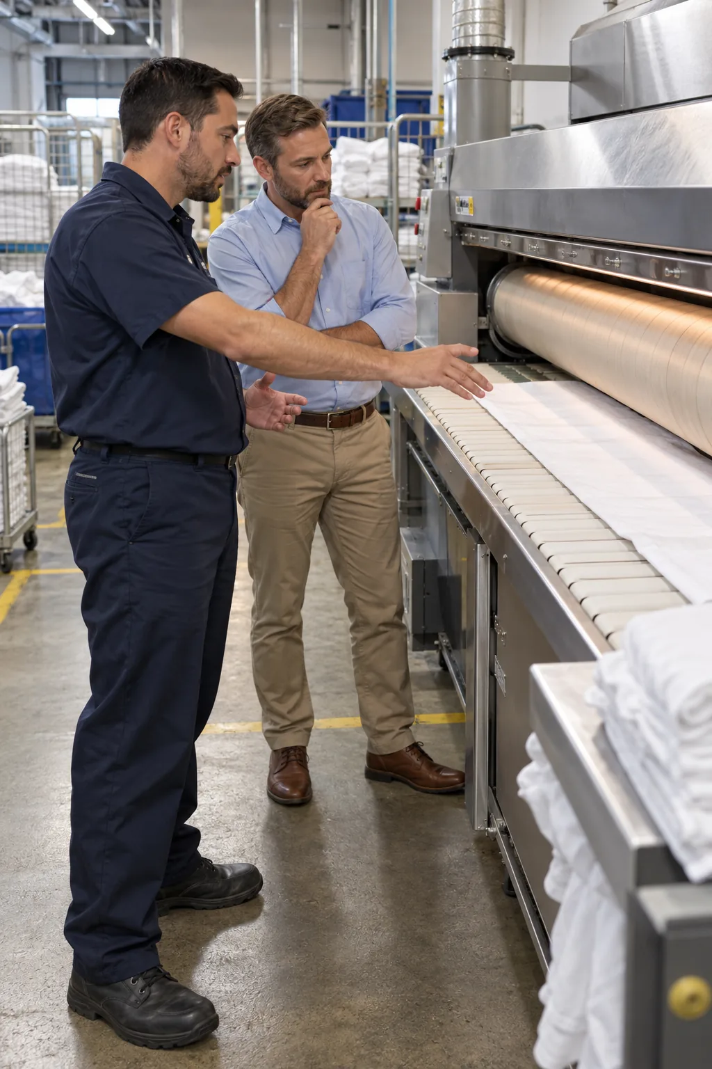 Commercial dryer technician discussing repair with a laundry facility manager in Tampa