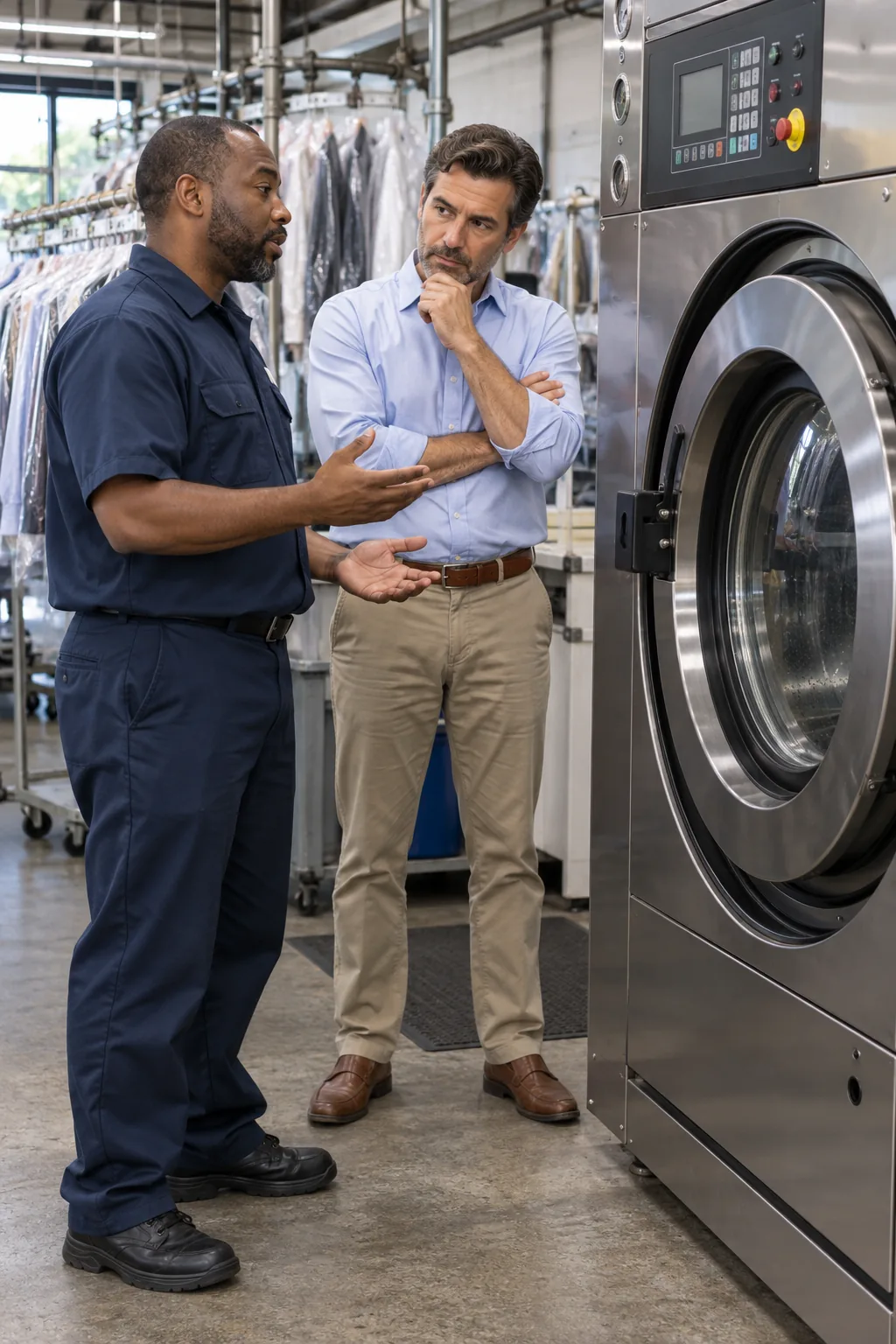 Commercial dryer technician discussing repair with a laundry facility manager in Atlanta