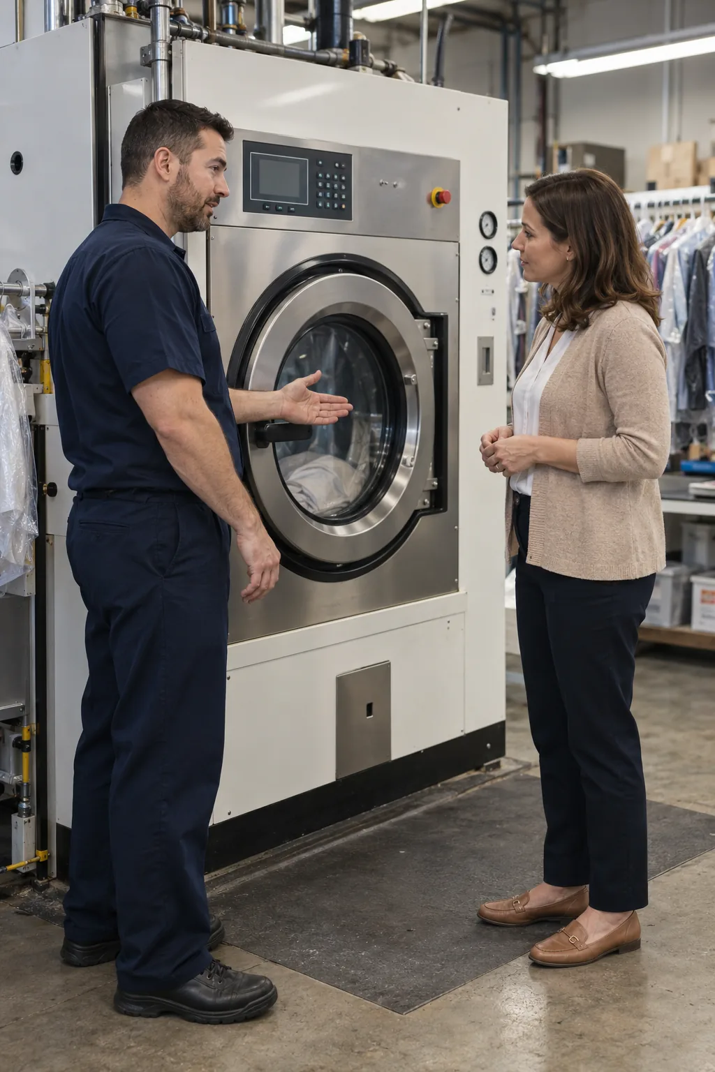 Commercial dryer technician discussing repair with a laundry facility manager in Tampa