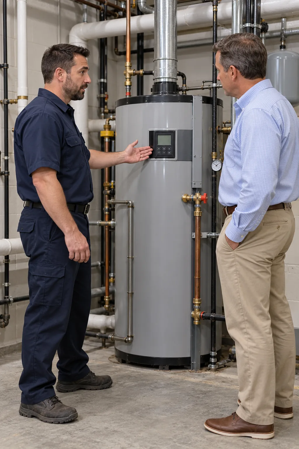 Commercial water heater technician discussing service with a facility manager in Atlanta
