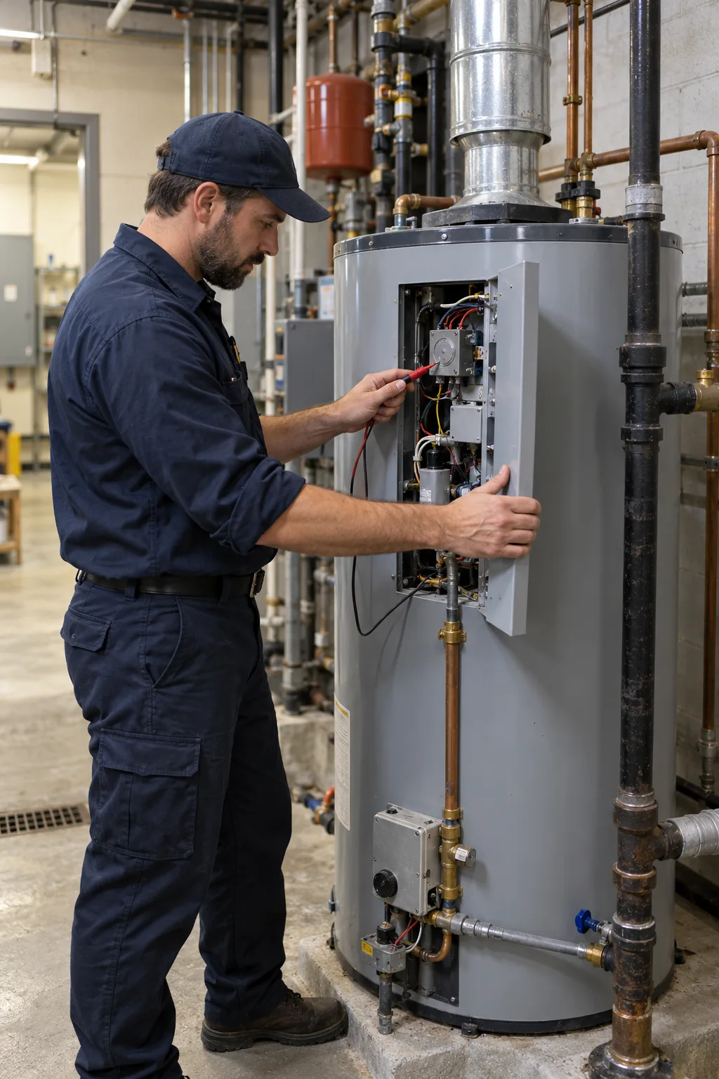 Reliable Appliance Repair technician inspecting a commercial water heater in Atlanta