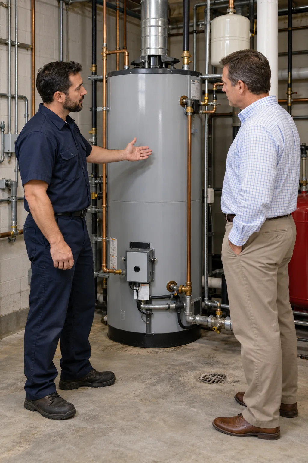 Commercial water heater technician speaking with a Tampa Bay building manager
