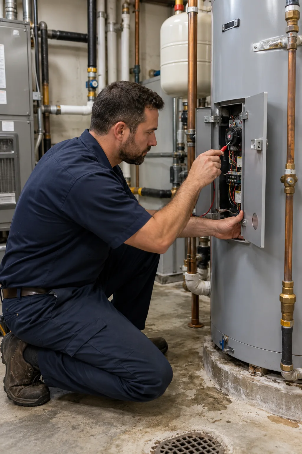 Technician inspecting a commercial water heater in Tampa Bay