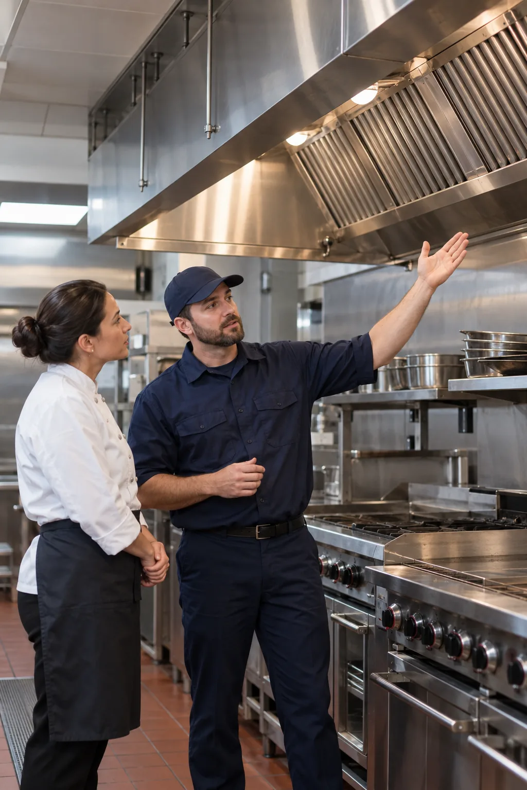 Commercial kitchen hood technician discussing service with a restaurant manager in Atlanta