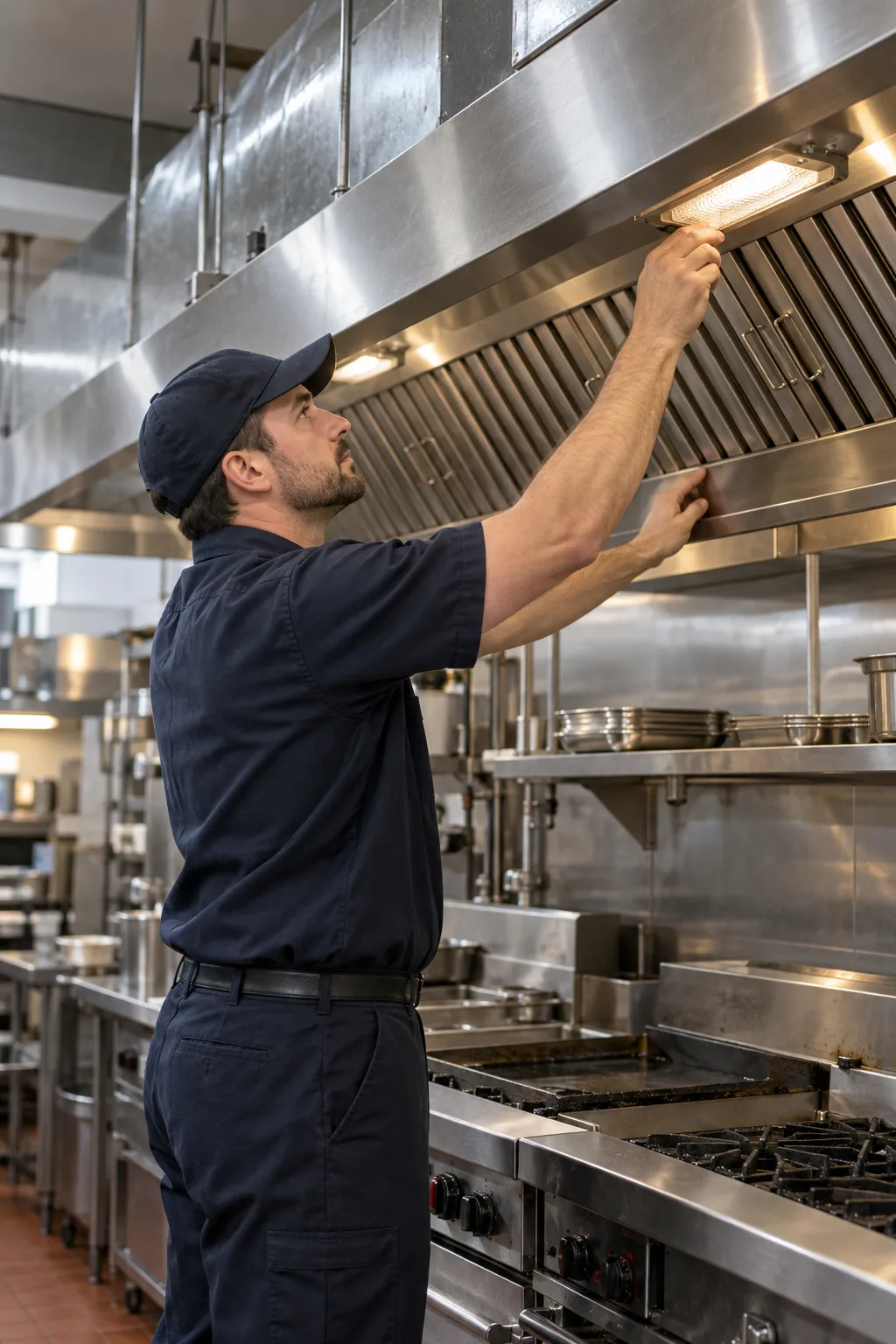 Reliable Appliance Repair technician inspecting a commercial kitchen hood in Atlanta