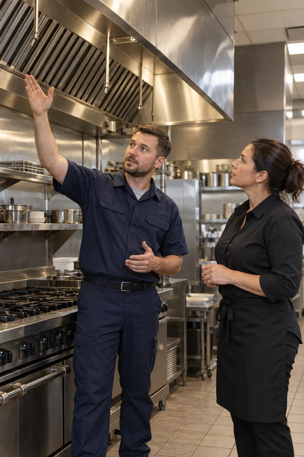 Commercial kitchen hood technician discussing service with a restaurant manager in Tampa
