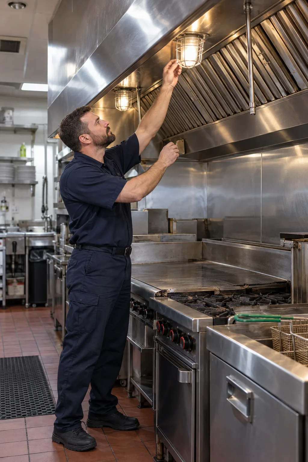 Reliable Appliance Repair technician inspecting a commercial kitchen hood in Tampa