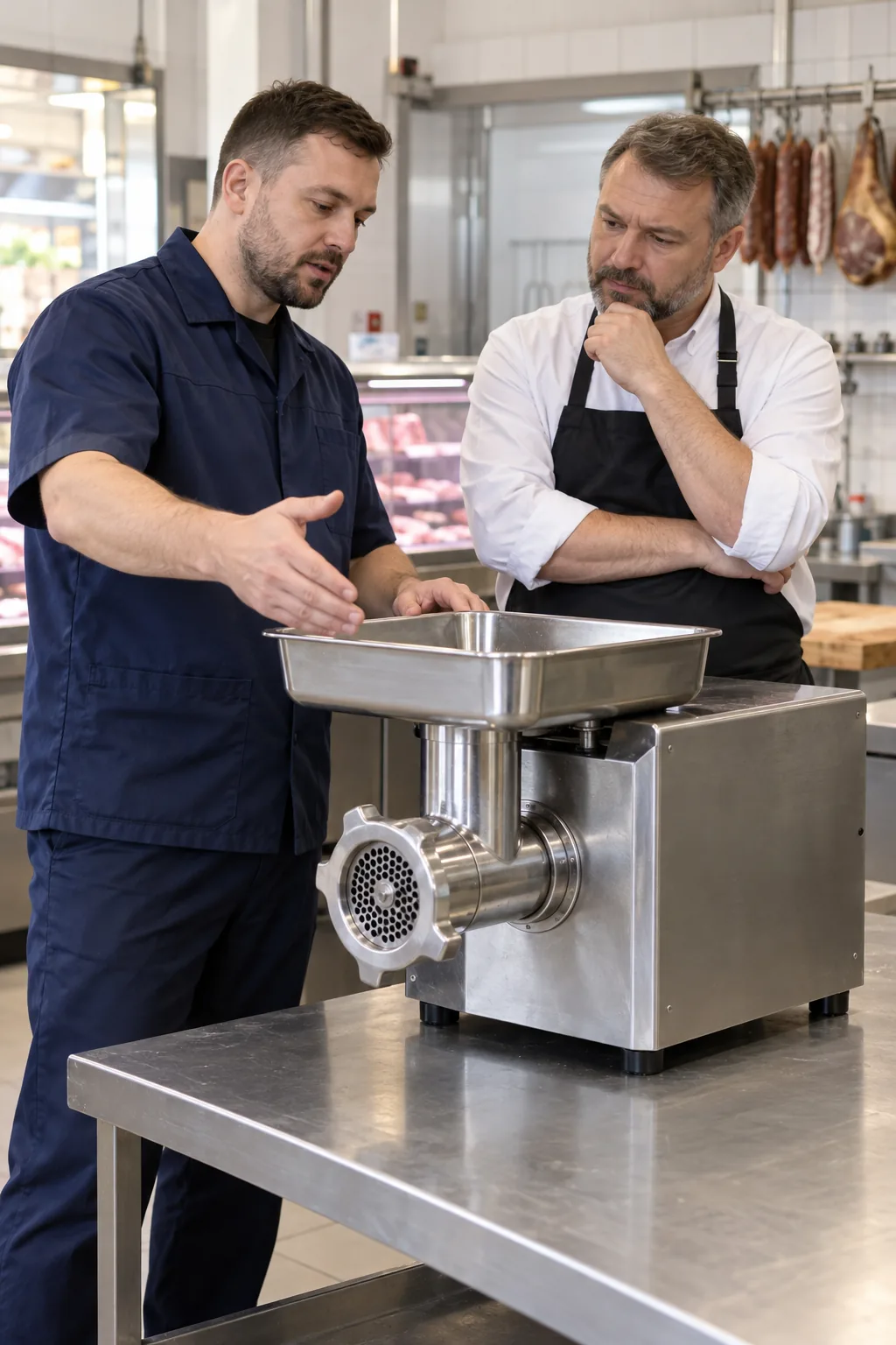 Commercial meat grinder technician discussing service with a restaurant manager in Atlanta