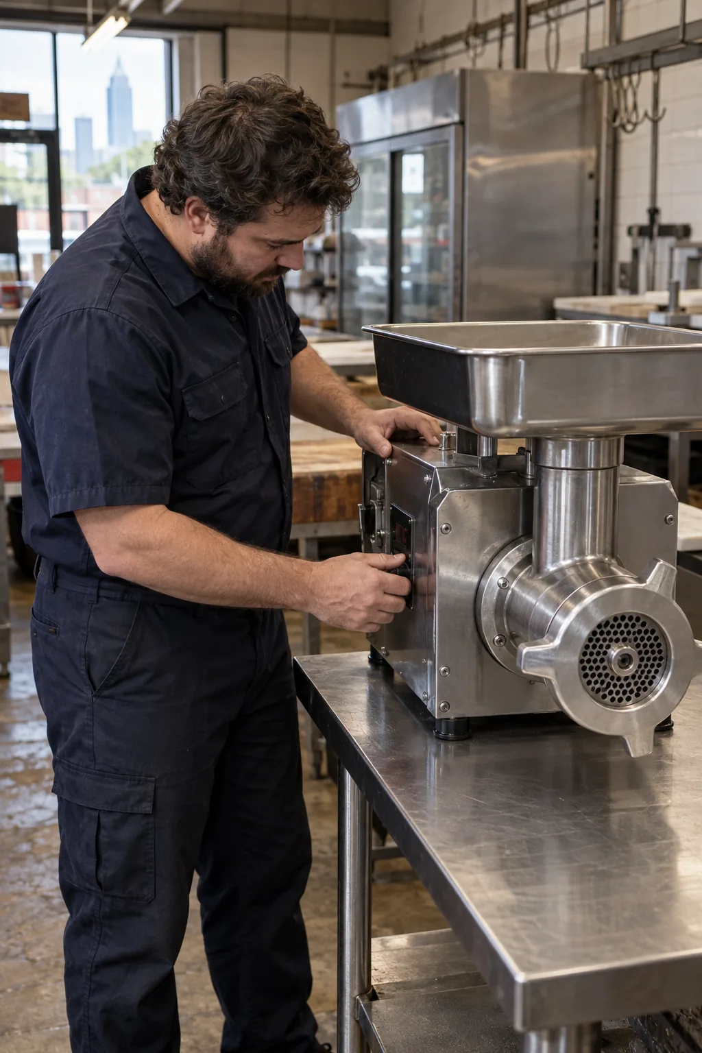Reliable Appliance Repair technician inspecting a commercial meat grinder in Atlanta