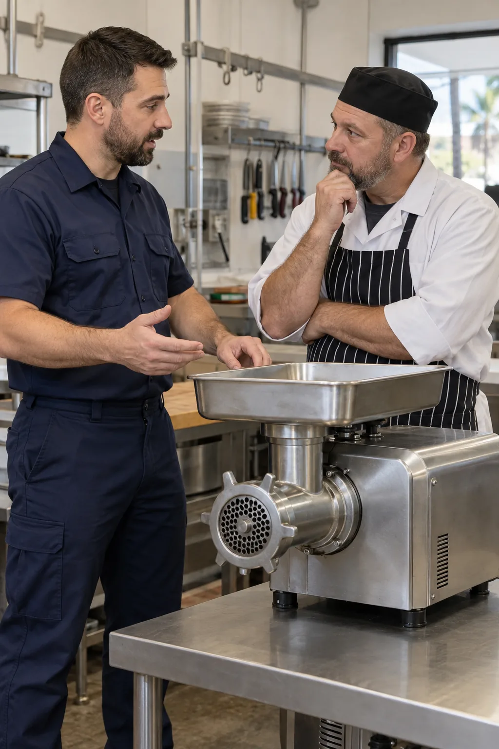 Commercial meat grinder technician discussing service with a restaurant manager in Tampa
