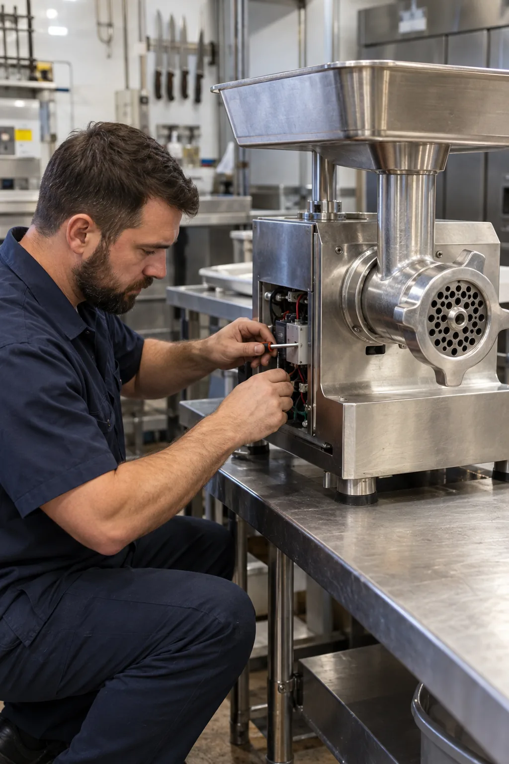 Reliable Appliance Repair technician inspecting a commercial meat grinder in Tampa