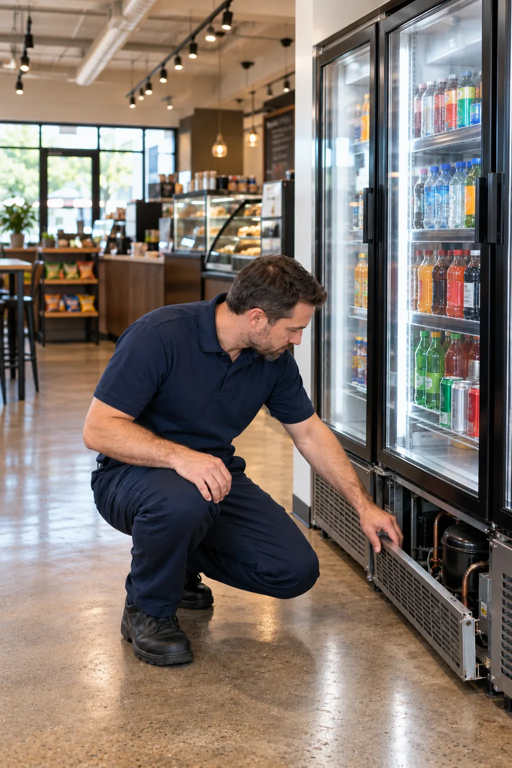Reliable technician inspecting a commercial glass door merchandiser in Tampa