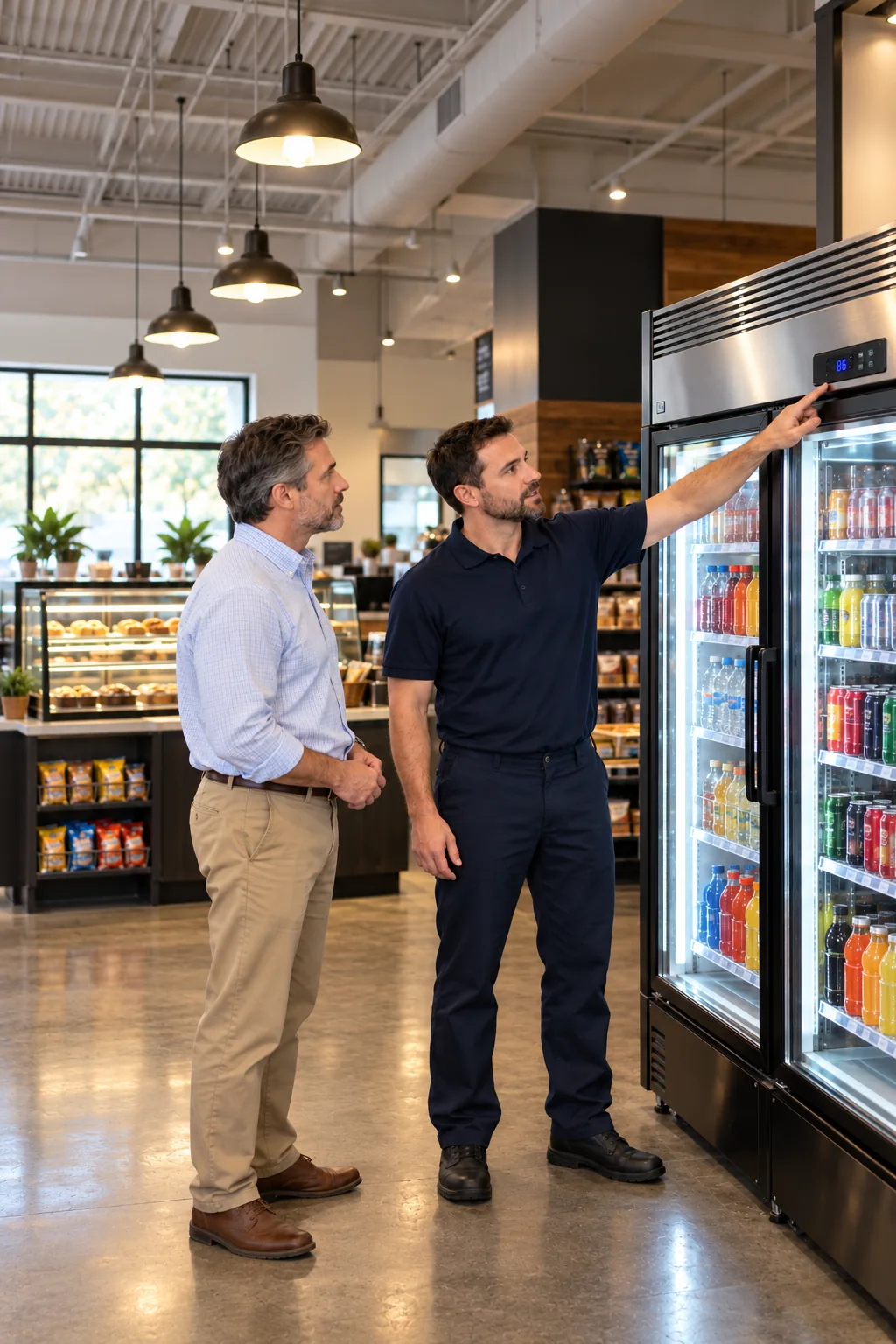 Technician explaining a glass door merchandiser to a store manager