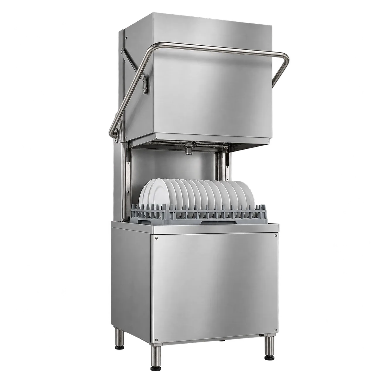 Commercial hood-type pass-through dishwasher