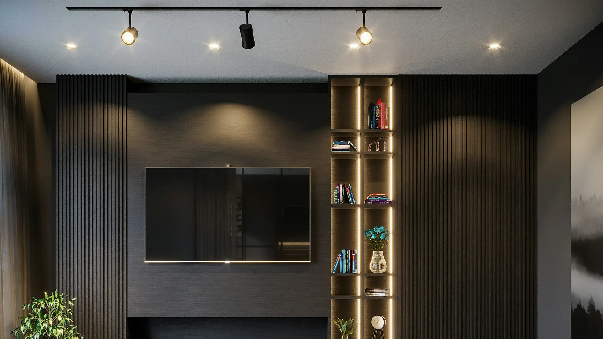Living room with track spotlights and LED shelving, electrician in Woking