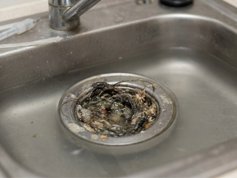 Blocked drain caused by debris and buildup in pipe