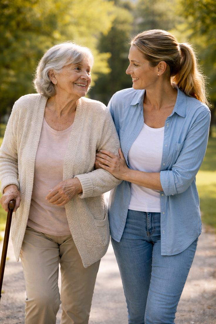 Elderly parent with adult child, smiling together