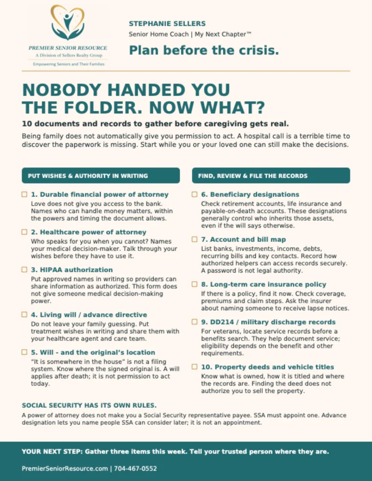 First page of the checklist: Nobody Handed You the Folder. Now What? 10 documents and records to gather before caregiving gets real.