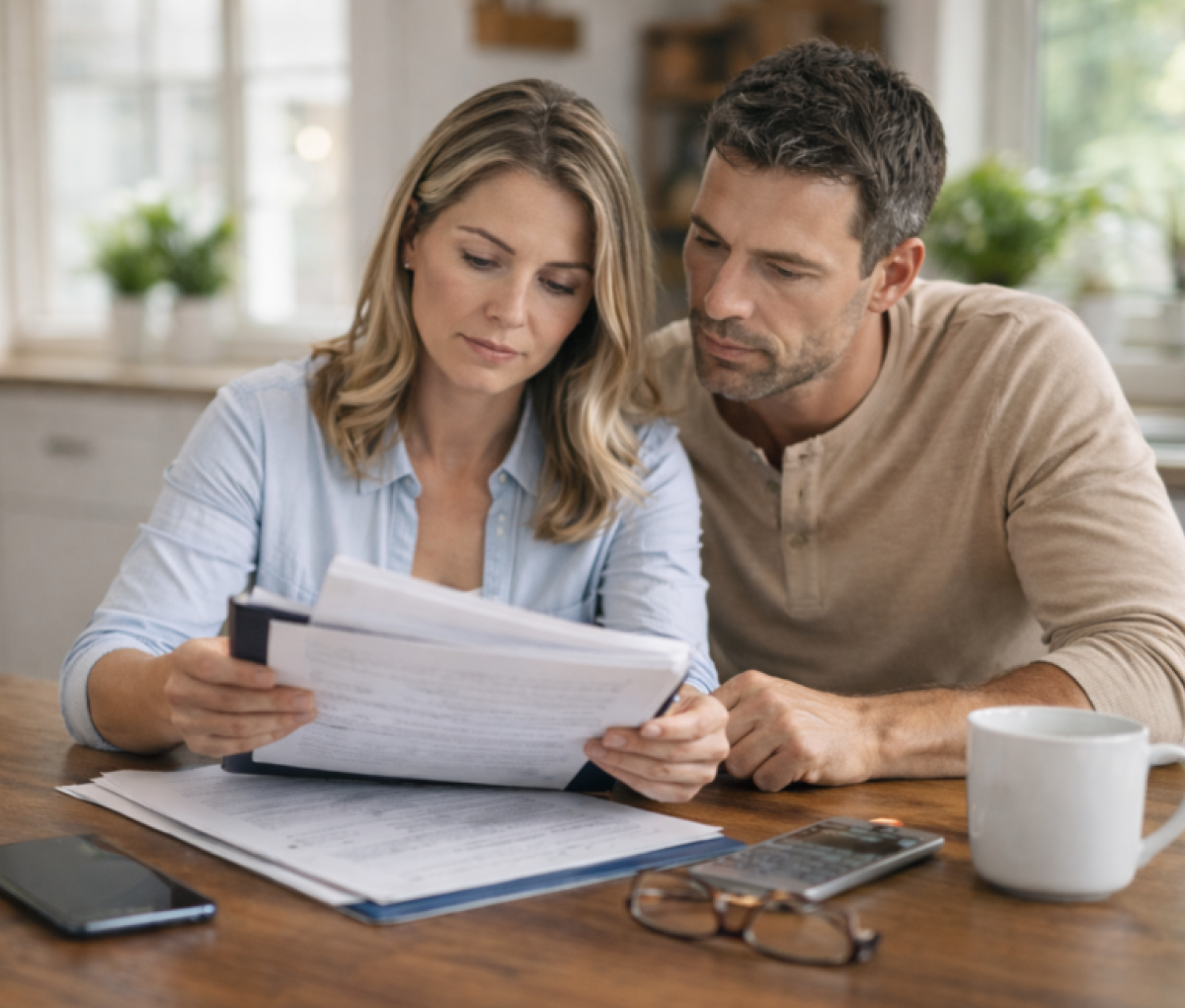 Homeowners reviewing their insurance paperwork together at home