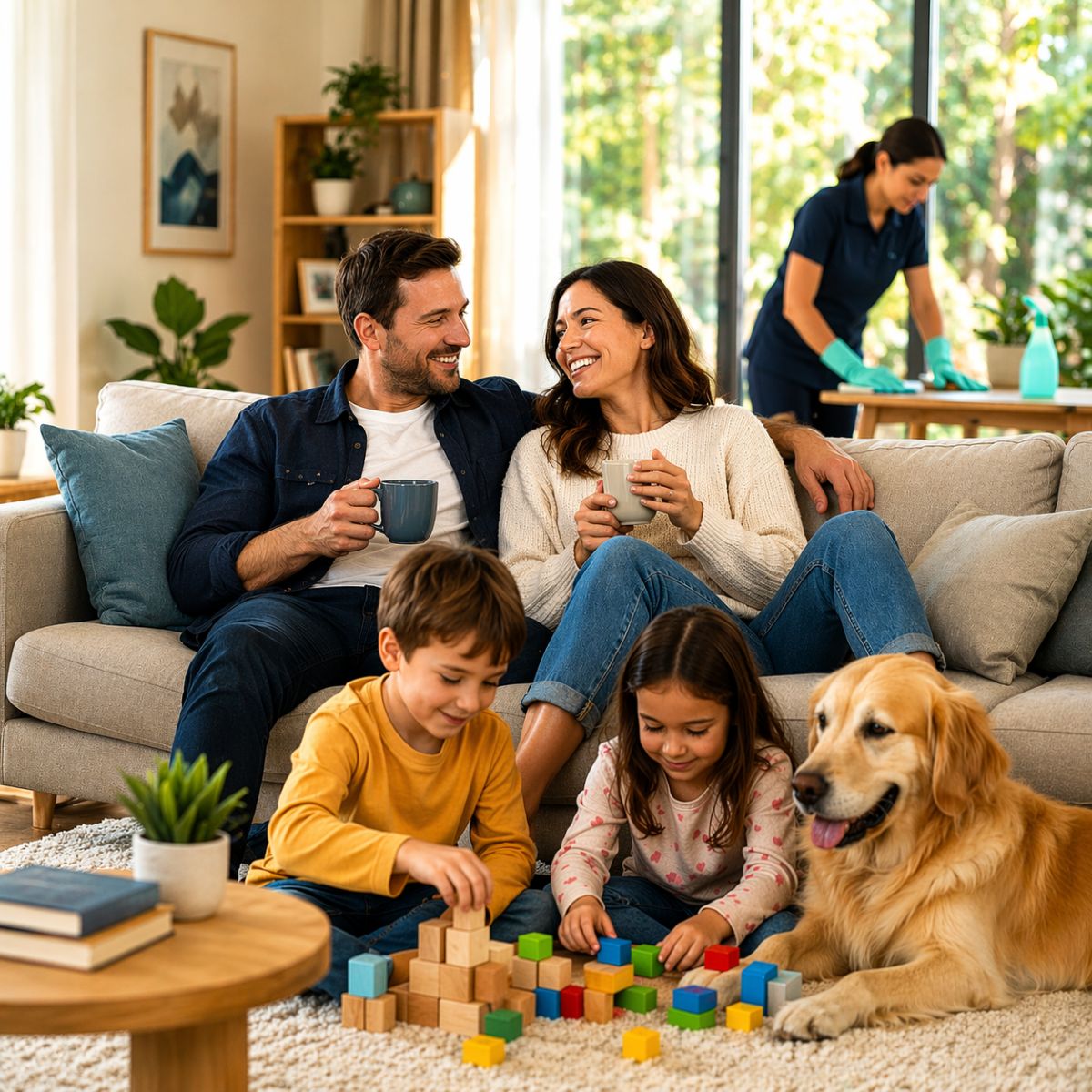 Busy family homeowners in a clean home