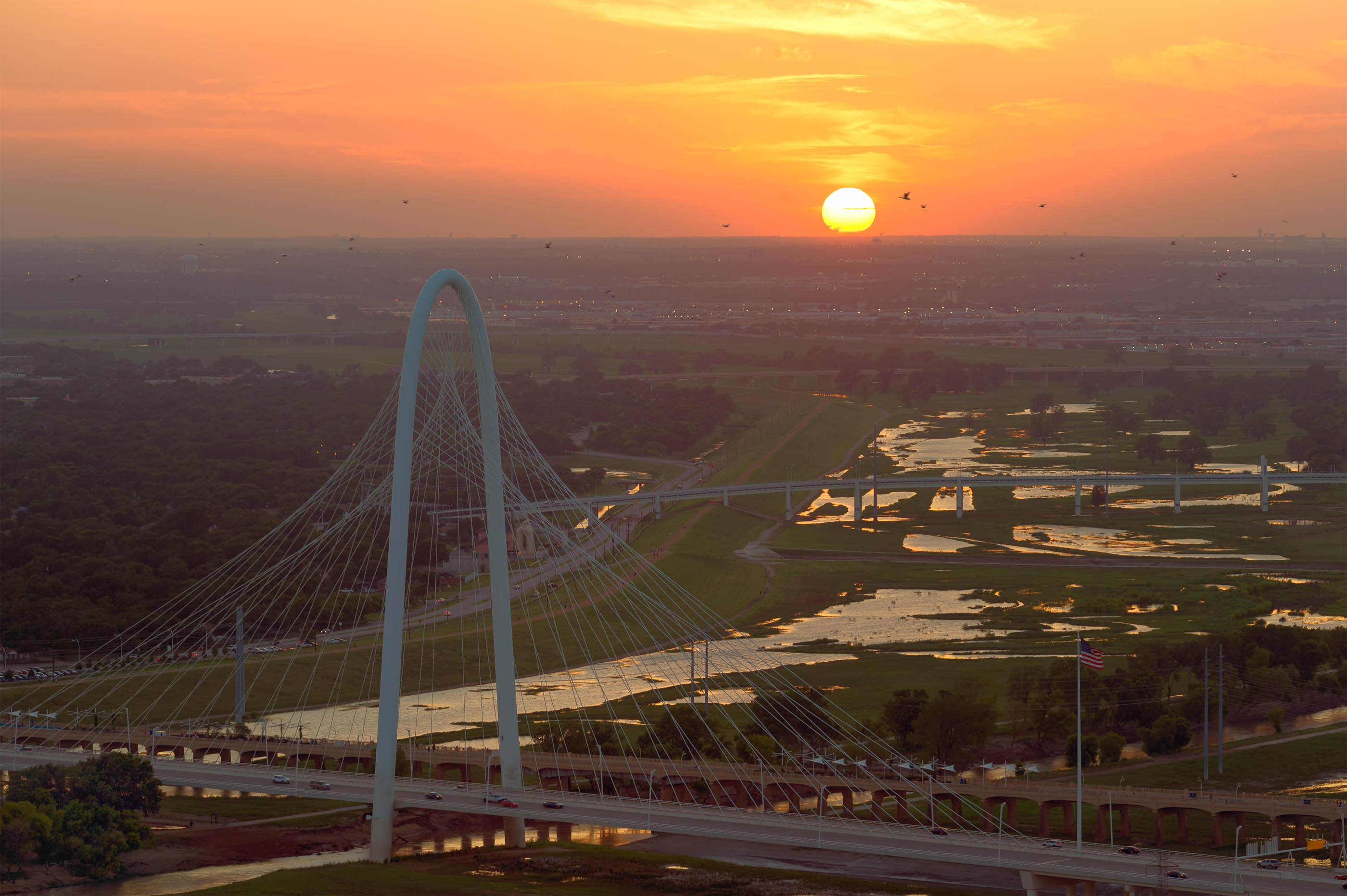 Aerial of the Margaret Hunt Hill Bridge at sunrise