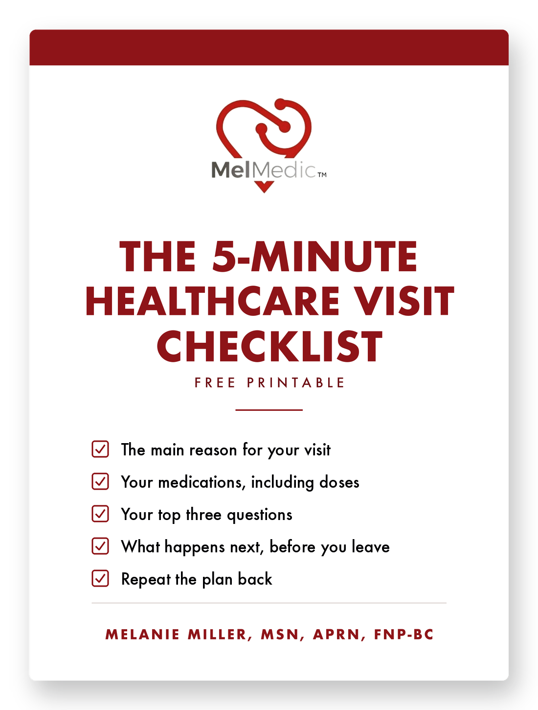 The 5-Minute Healthcare Visit Checklist, a free printable by Melanie Miller, MSN, APRN, FNP-BC