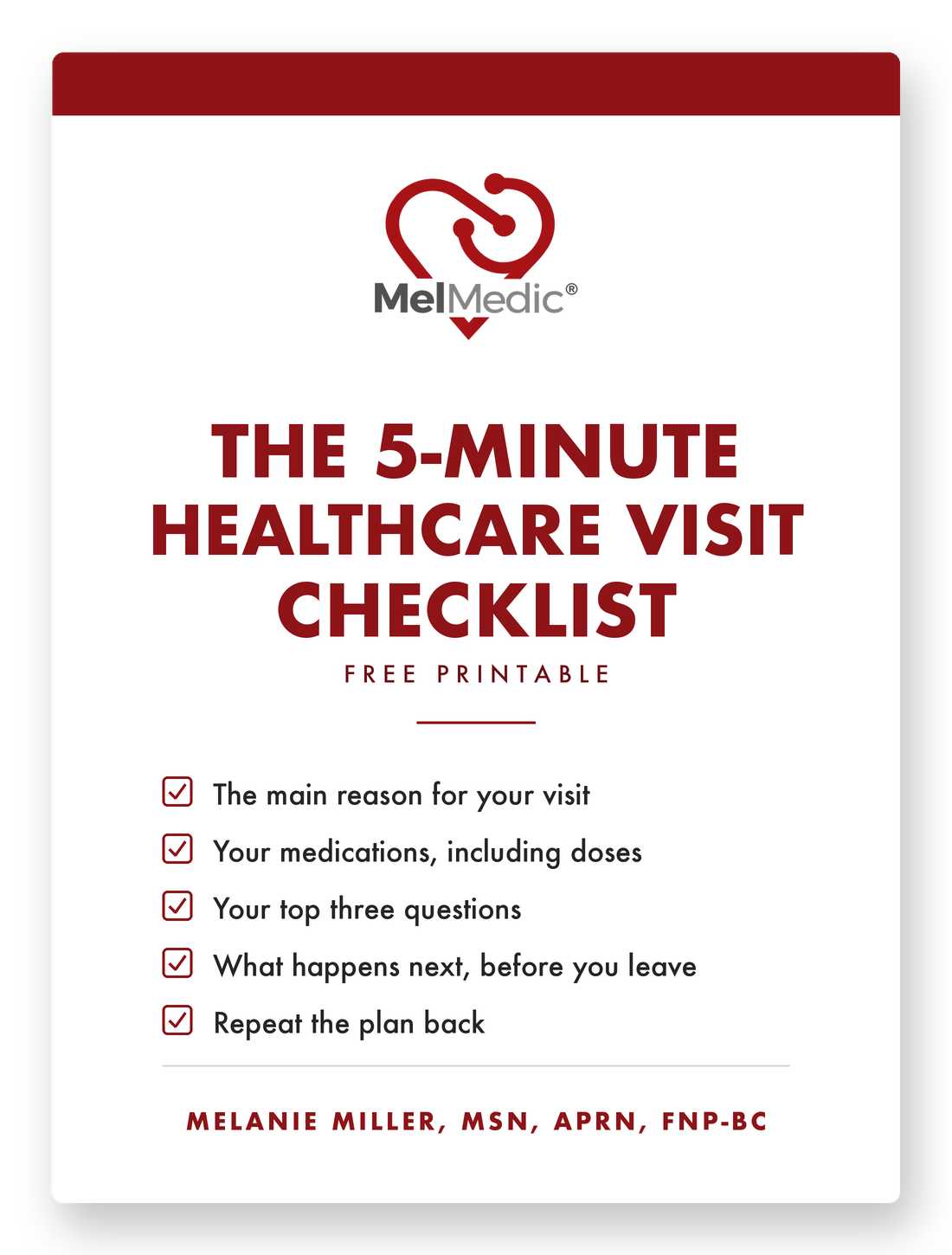 The 5-Minute Healthcare Visit Checklist, a free printable by Melanie Miller, MSN, APRN, FNP-BC