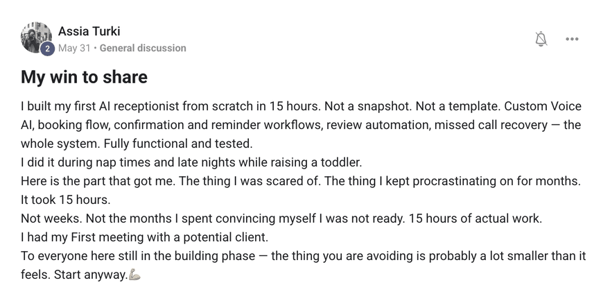 Community post from a member about building their first AI system
