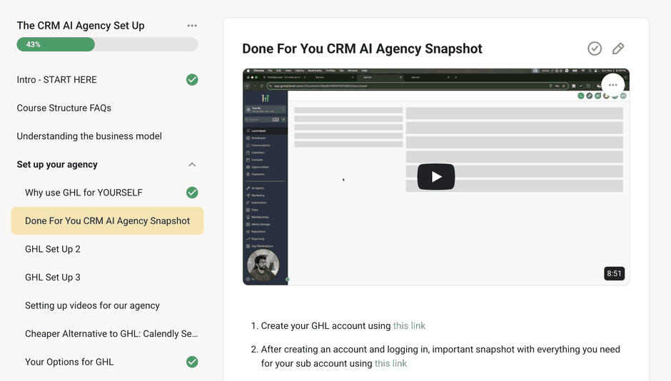 Aarzoo AI classroom: The CRM AI Agency Set Up module list