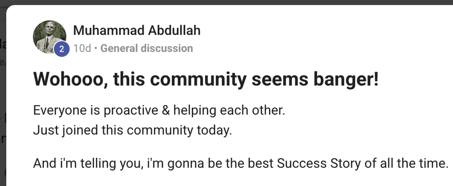 Community post from a member on joining the community