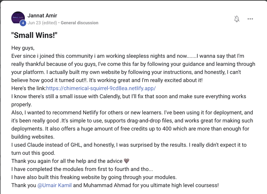 Community post from a member who built and shipped their own site