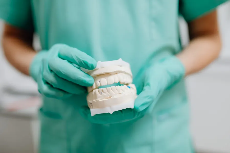 Gloved hands holding a plaster dental cast (stock photo)