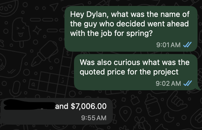 Client message showing a closed job quoted at $7,006